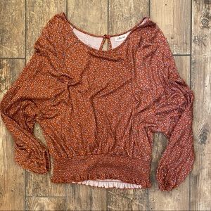 WILLOW AND ROOT SLOUCHY RUST/BLUE/PEACH SMOCKED WAIST OPEN BACK TOP SZ M